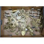 A collection of brass ware items to include: ornamental keys, Welsh loving spoon,