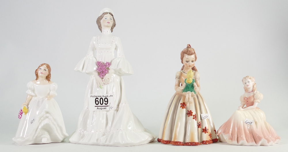 A collection of pottery lady figures to include: Coalport The Bride, Goebel No 9 figure,