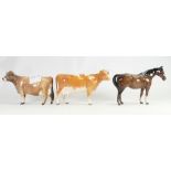 3 Beswick Items: Guernsey Cow, Jersey Cow & Horse a/f.