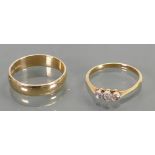 2 gold rings 18ct & diamond plus 9ct band: Weight 1.4g & 2.4g respectively.