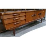 Large Mid Century Teak Longboy Sideboard: unusual sloped drawers, 211cm length x 42.5cm deep x 77.