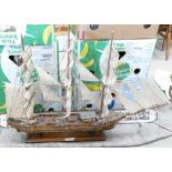 Large Wooden Model Ship / Galleon: together with Cast Iron Metal Sign & 5 Branch Small Chandelier