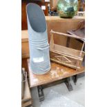 Small Pine Table: galvanized coal bucket and carved magazine rack(3)