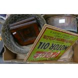 A mixed collection of items to include: brass Planter, Vintage Paper on Board Motor Oil Sign,