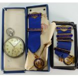 A collection of items to include: Two Conservative Club Medals military Issue Doxa Pocket Watch