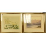 Framed Watercolour Landscape: E Grieg Hall together with signed print of French market 59 x 51cm(2)