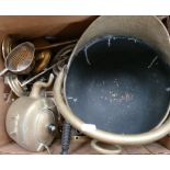 A collection of brass & copper items to include: coal scuttle, Spirit Kettle,