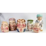 Collection of Five Sarreguemines Majolica Face Jugs: and a Similar Jug fashioned as a Pig
