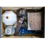 A mixed collection of items to include: Mantle clocks, wooden shoe shine box,