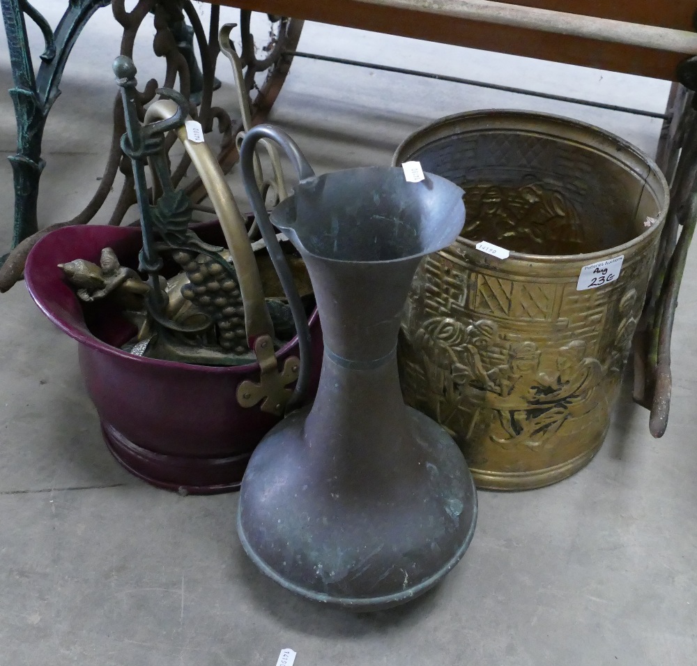 A collection of Brass & Copper items to include: coal buckets, jugs ,