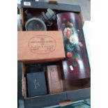 A mixed collection of items to include: early type motoring lamp, decorative boxes,