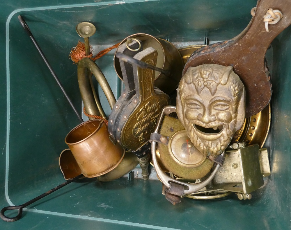 A collection of brass ware items to include: hunting horn, carriage, bellows,