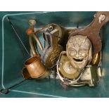 A collection of brass ware items to include: hunting horn, carriage, bellows,