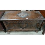 Carved Oak 2 Panel Coffer: width 107cm x depth 45cm x height 52cm