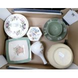 A mixed collection of items to include: Wedgwood green jasper cup & saucer,