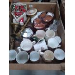 A mixed collection of items to include: Commemorative Mugs, Brass Candlesticks,