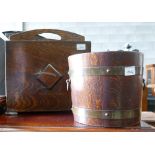 Brass Bound Oak Ice Bucket(with liner): together with 1930's Oak Magazine rack(2)