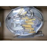 A collection of silver plated items to include: galleried tray & bone handled cutlery