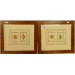 A pair Heraldic Shield Prints in Burr Walnut Frames: overall size 40 x 36cm