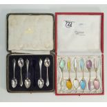 2 cased sets silver spoons one enamel: Some damage to enamel and one plain coffee spoon missing.