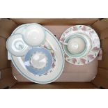A mixed collection of Susie Cooper and similar dinner ware to include Dinner plates: cups, saucers,
