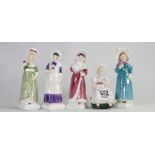 Five Doulton Kate Greenaway Figures: Kathy HN2346, Ruth HN2799, Carrie HN2800,