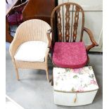 Lloyd Loom Type Arm Chair: together with similar storage box and wooden hoop back chair(3)