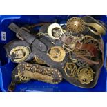 A collection of brass ware items to include: horse brasses on leather strap.