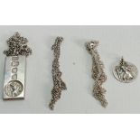 Silver ingot and chain and Silver St Christopher pendant and 2 necklaces: 46 grams.