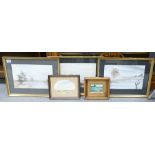 A collection of framed items to include: series of 3 watercolour landscape's signed Spencer & 2