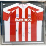 Framed 2014 Signed Stoke City Football Shirt: signed by Diouf, Bojan, Crouch, Nzonzi, Adams,