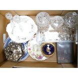 A mixed collection of items to include: cut glass dressing table set, decorative lidded box,