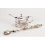 Silver mustard pot & spoon: and Silver plated ornate sugar tongues.