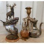 Bronzed Resin Figure of Stag: Silver plated tea pot & ornamental candlestick(3)