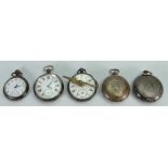 Five silver gents pocket watches: All with faults, some silver coloured metal,