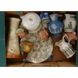 Tray of Ceramics: to include Masons Liberty Ianthe Jug, Masons Applique Plate, Wedgwood Jasper Ware,