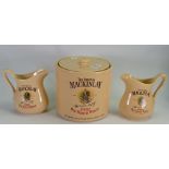Seton Pottery advertising items: including ice bucket & cover and pair jugs advertising Mackinlay
