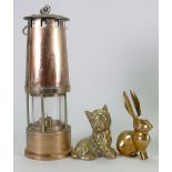Brass Miners Lamp: together with 2 small animal figures etc