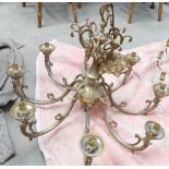 Very Large Brass 8 Branch Chandelier : with matching shades, diameter 91.