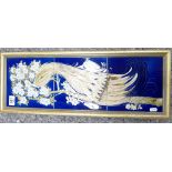 Maw & Co Decorated Tile Panel of Bird of Paradise: three tile in wooden frame,