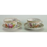 Two Early 20th Century Floral Decorated Dresden Cups and Saucers(2):