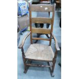 19th Century Elm Rush Seated Rocking Chair: