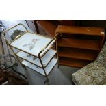 Mid Century Teak Book Shelf: together with 1970's Brass Effect drinks trolley(2)