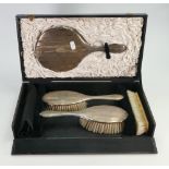 Cased silver mirror & 3 brushes: All UK hallmarked silver.