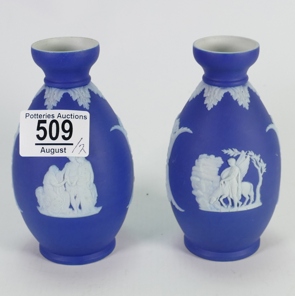 Wedgwood Blue Dip Jasperware Pair of Vases: height 13cm(2)