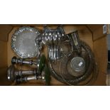 Silver Plated items to include: Candlesticks, Walker & Hall Teapot, trays,