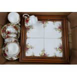 A mixed collection of items to include: Royal Albert Old Country Rose : oak framed tray and tea