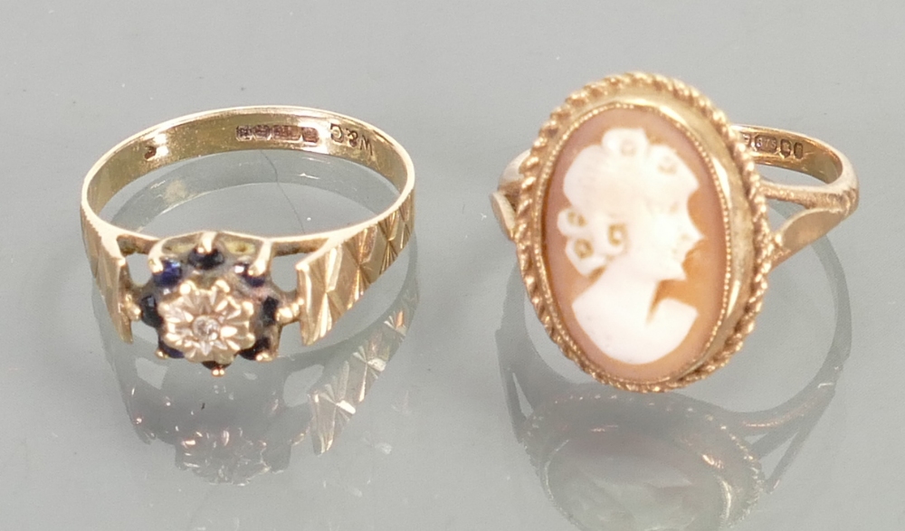 Two 9ct gold rings set cameo & sapphires with diamond: 4.