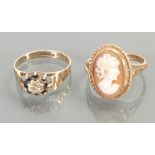 Two 9ct gold rings set cameo & sapphires with diamond: 4.