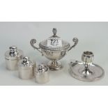 Silver coloured metal group of items: Chamberstick, lidded dish & measures. Gross weight 285g.